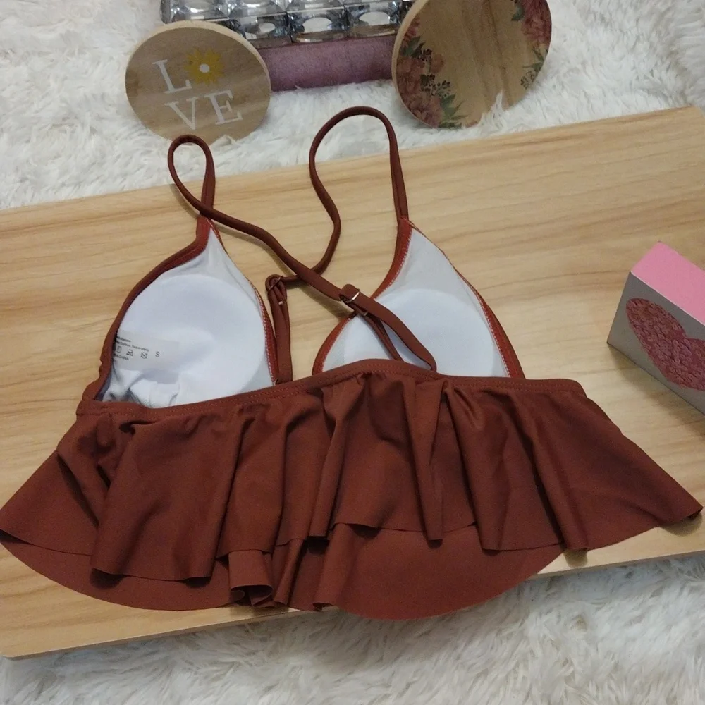 Brown Peplum Strappy Back Bikini Top Size Small 🆕